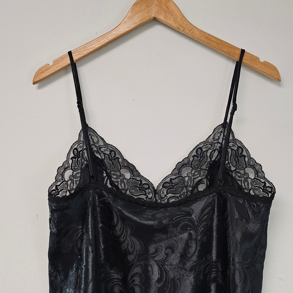 Vintage 90s Shirley of Hollywood Cami L Black Lace Bow Pearl Coquette Whimsigoth - Picture 10 of 11